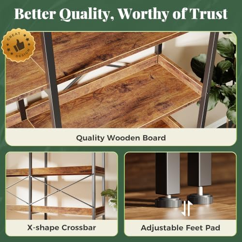 Huuger 4 Tier Bookshelf with 8 Open Shelves and Raised Baffle, Rustic Brown