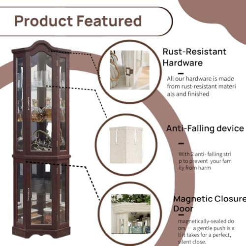 70" Lighted Corner Curio Cabinet,Inside Mirror Corner Glass Display Case...