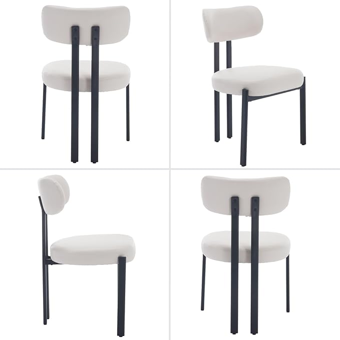 LukeAlon Faux Leather Dining Chairs Set of 2, Modern Curved Back Armless Kitchen Chairs with Black Metal Legs Upholstered Reception Guest Chairs for Home Office Restaurant Dining Room, White