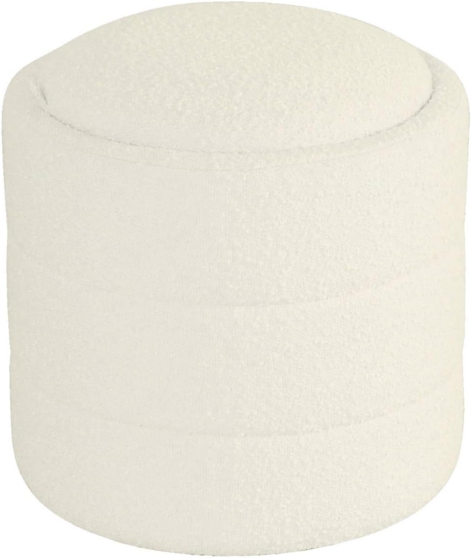 Storage Ottoman, 18 Inch Round Removable Lid, White Boucle Fabric