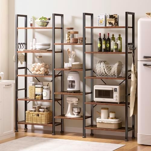 Furologee Triple 5 Tier Bookshelf with 14 Display Shelves, Rustic Brown