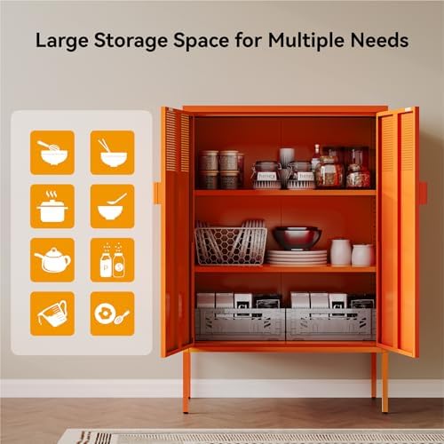 COFaR Orange Metal Storage Cabinet, 47”H Vibrant Coffee Bar & Buffet Side...