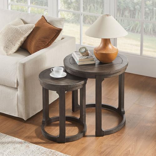 24" Rustic Bedside Table, Round Nesting End Table for Living Room | 2-Pi...