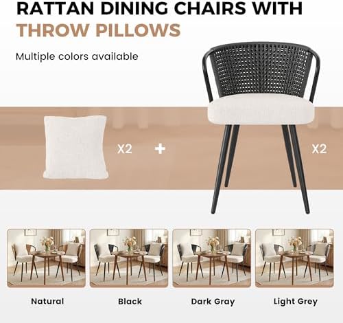 Rattan Dining Chairs Set of 2, Upholstered Kitchen Chair with Metal Legs, Erg...