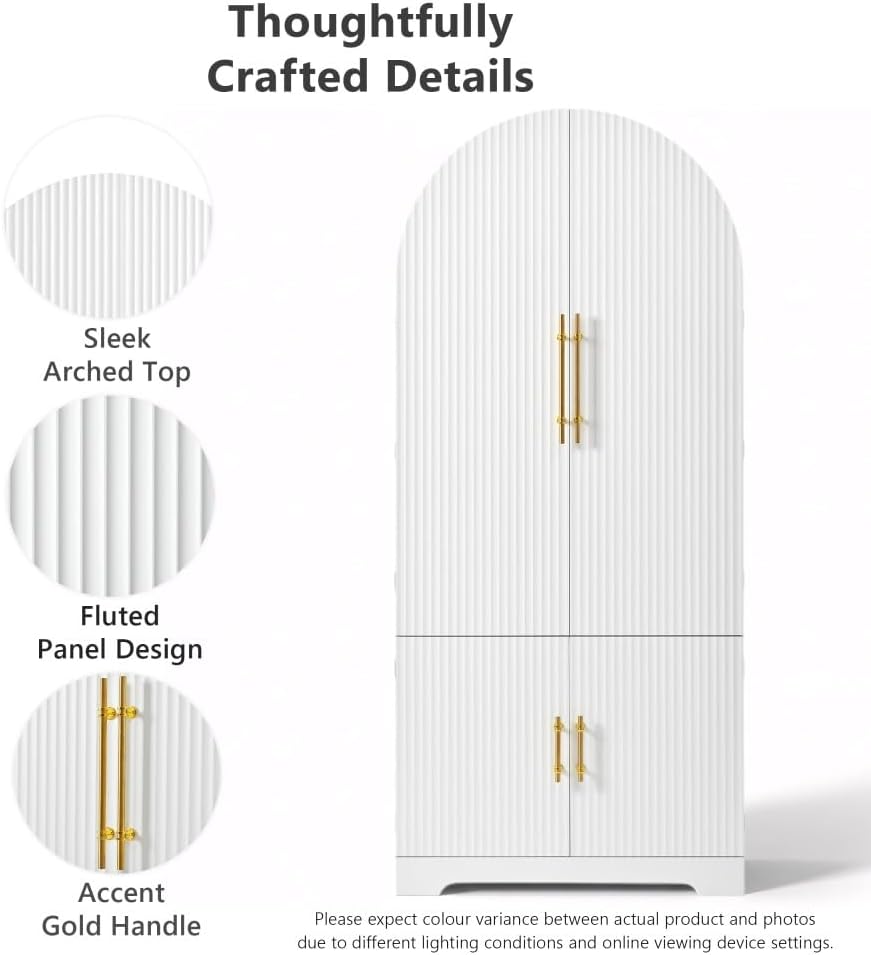 72" Tall Arched Kitchen Pantry Cabinet, Fluted Storage Cabinet with 8 Do...