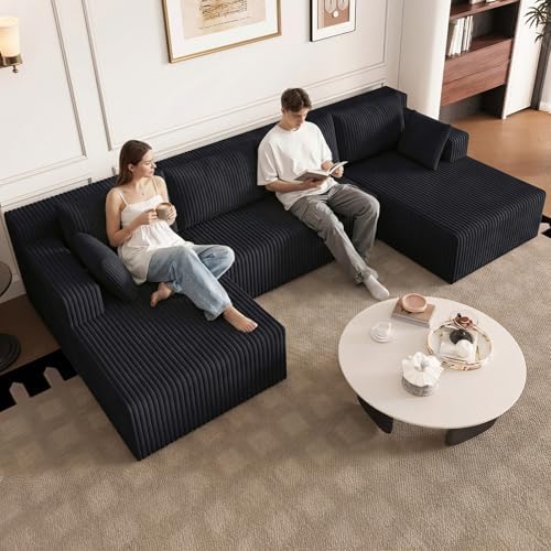 124" U-Shape Cloud Couch, Modern Modular Sectional U-Shape Sofa, Corduro...