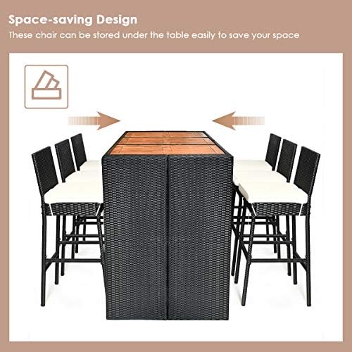 Tangkula 7 PCS Outdoor Wicker Furniture with Acacia Wood Bar Table Top and Re...
