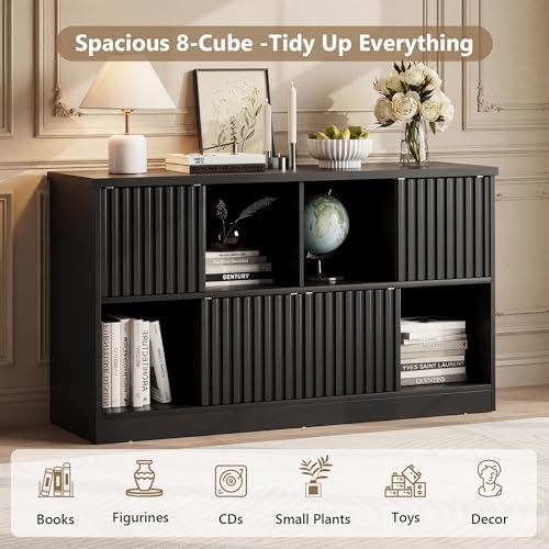 Einhomn 8 Cube Storage Organizer with Sliding Doors, Modern Fluted Bookshelf ...