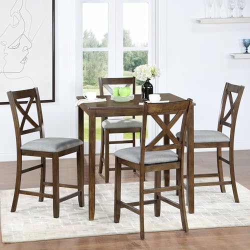5 Piece Dining Table Set for 4, Solid Wood Square Dining Table Set, Counter H...