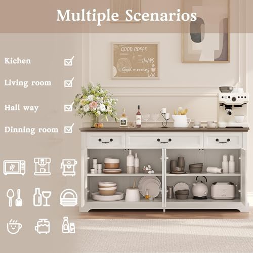 Sunny Heart 65" Large Buffet Storage Cabinet, Farmhouse Kitchen Sideboar...