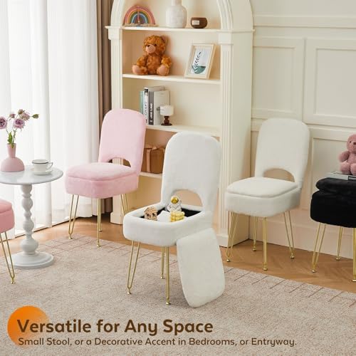 BRIAN & DANY Vanity Chair with Storage and Folding Back, Faux Fur Round S...