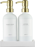 MaisoNovo Soap Dispenser 3-Piece Set | 16.9oz White Bottles with Gold Stainless Steel Pumps