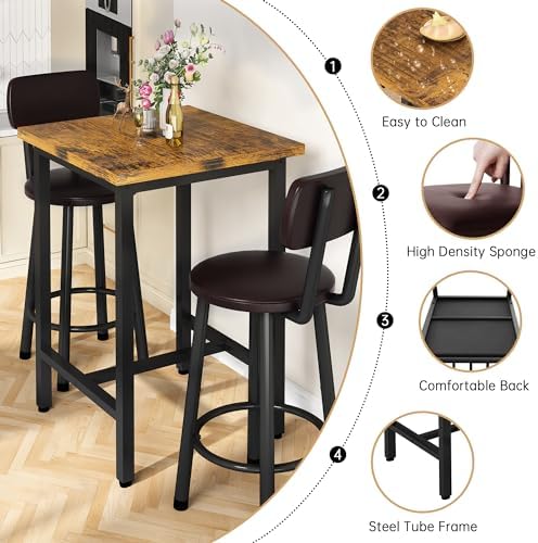 3 Piece Bar Table and Chairs Set for 2, Counter Height Square Pub Dining Set,...