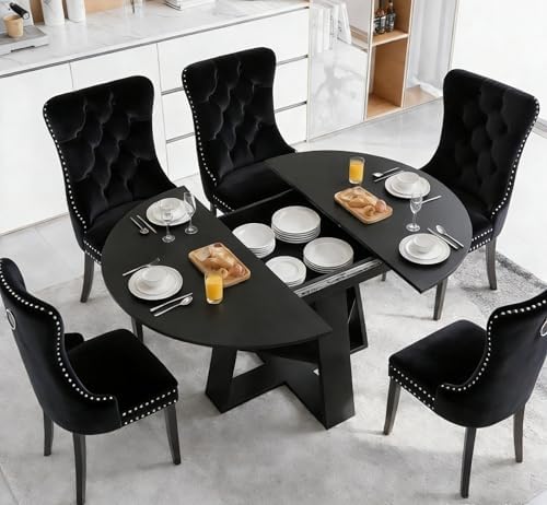 5 Piece Round Extendable Dining Table Set for 4, 43"-59" Black Wood...