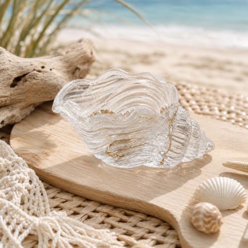 Glass Conch Shell Jewelry Dish Tray| Shell Trinket Dish Ring Earring Holder| Ocean Coastal Decorative Trinket Plate for Rings Earrings Necklaces Bracelet|Gift for Women (Transparent)