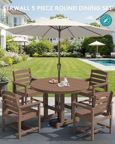 SERWALL 5-Piece HDPE Round Dining Set, 45" Table, 4 Chairs, Brown