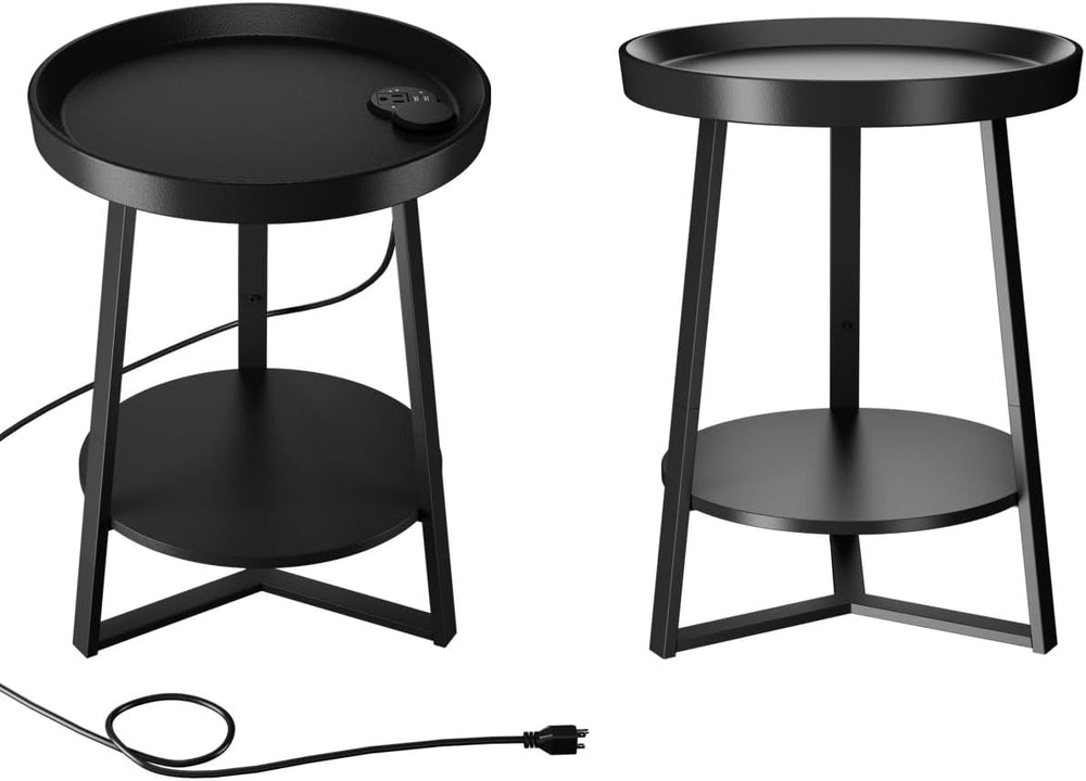 Gadroad Round End Table with Charging Station, Wood Tabletop & Black Meta...