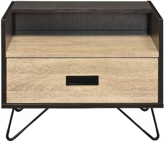 One Drawer Nightstand with Open Compartment, Oak and Black,for Small Spaces