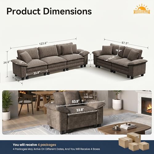 SUNSHINE VALLEY 2-Piece Sofa Set, Loveseat & 3-Seat Couch, Chenille Brown...