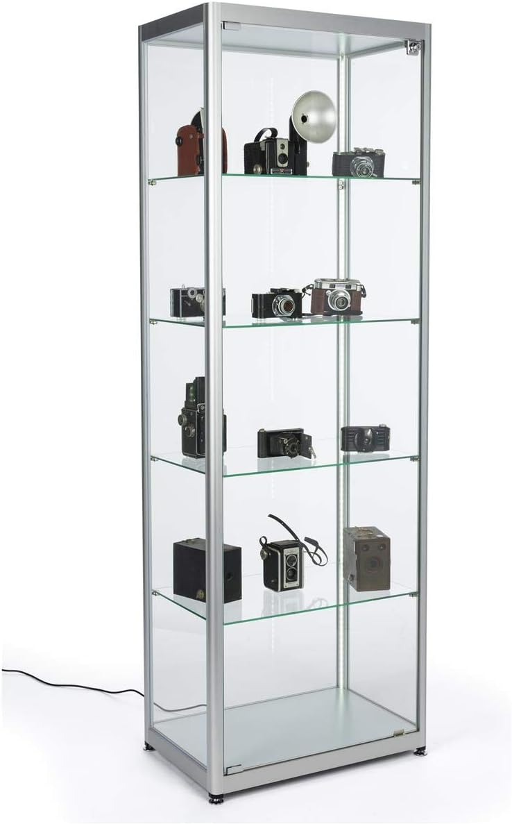 Displays2go Locking Glass Display Case, Illuminated, Silver
