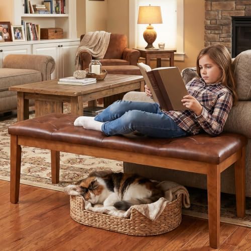 Ottoman Bench Oversized Entryway Shoe Bench Seat Faux Leather Brown | Large L...