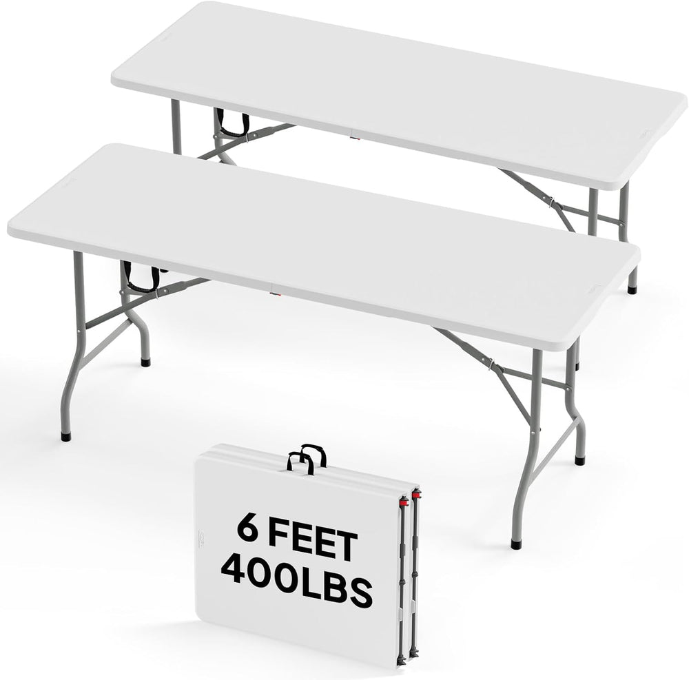 Bonnlo 2P Folding Table 6ft, Portable Collapsible Plastic White Long Tables f...