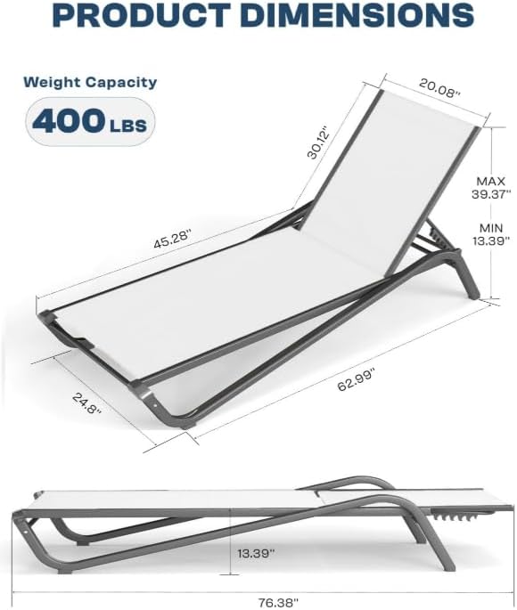 Aluminum Pool Lounge Chairs Set of 4 with 5 Adjustable Backrest, Textilene Fa...