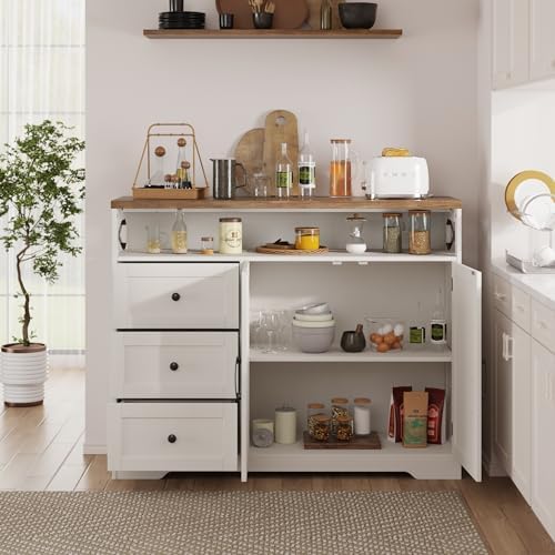 47" Antique White Storage Cabinet with Doors and Drawers, Farmhouse