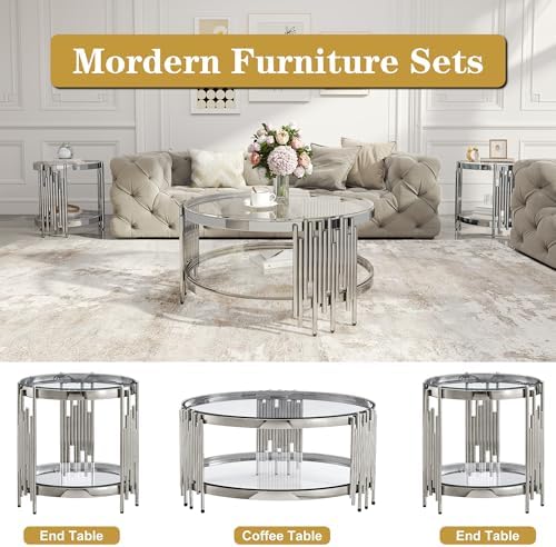Round Glass Coffee Table Set of 3, Silver and Clear Modern Living Room Table ...