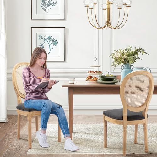 French Country Rattan Dining Chairs Set of 4,Round Back Kitchen Chair,Grey
