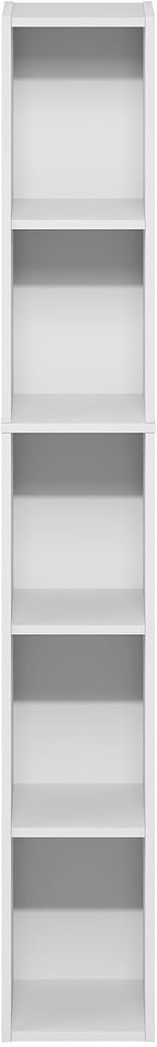 Furinno Fulda Book Shelf, 5-Tier Tall Narrow Bookshelf, Standing Bookcase with 8-in Width Storage Shelf, 9.3 x 7.9 x 51.9, for Organization Storage, for Living Room, Bedroom, Home Office, White
