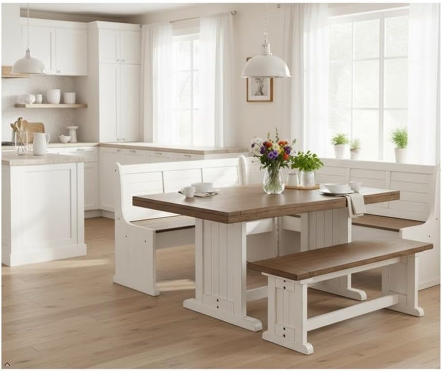 Pemberly Row Dining Set Wood, Rectangular in Off White (36" H x 75"...