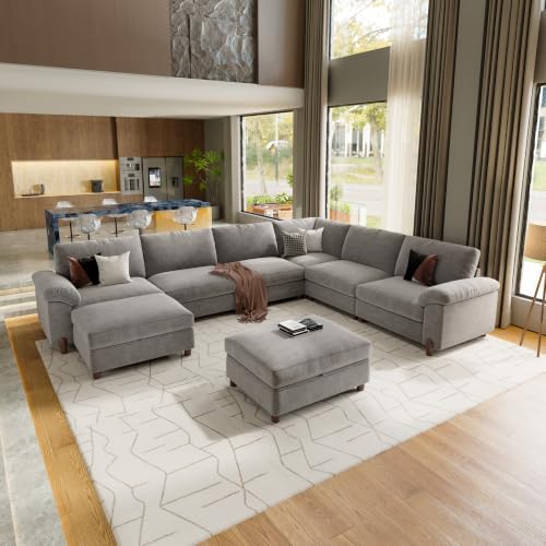 SITJOY Cloud Couch Sectional, 6 Seater V-Shaped, Chenille in Light Gray | Det...
