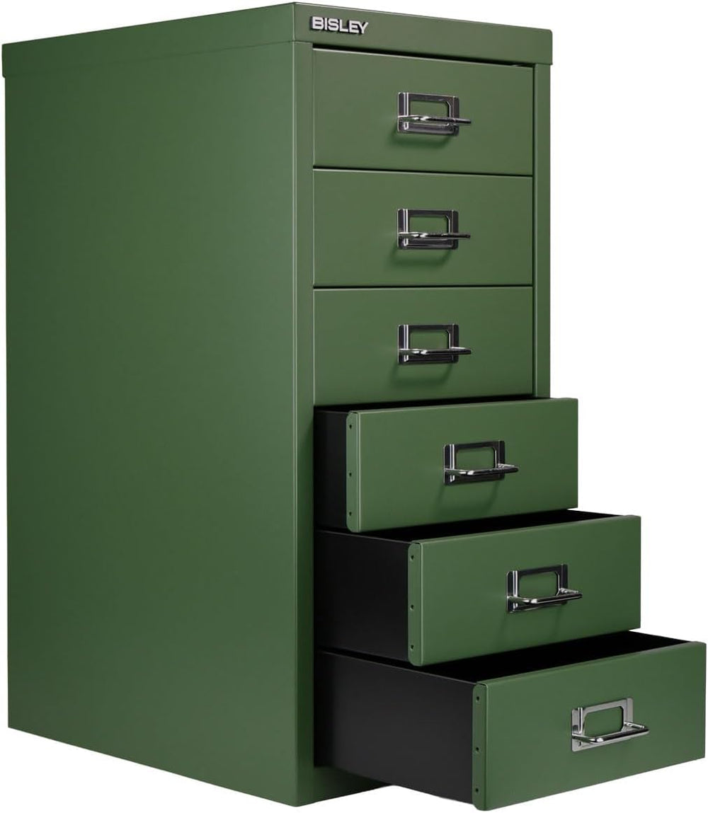Bisley 6-Drawer Steel MultiDrawer Cabinet - Olive Green | Chrome Pull Handles...