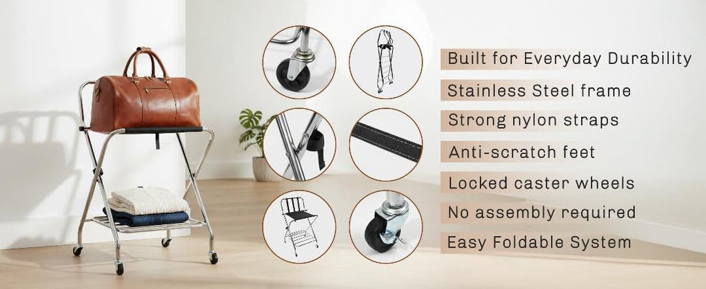 Foldable Luggage Rack with Wheels for Guest Room - Metal Frame Folding Suitcase Stand With 2 Shelves - Portable Luggage Storage Rack - Easy Assembly Suitcase Holder for Hotel, Travel and Bedroom