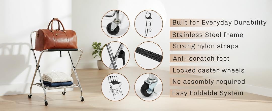 Foldable Luggage Rack with Wheels for Guest Room - Metal Frame Folding Suitcase Stand With 2 Shelves - Portable Luggage Storage Rack - Easy Assembly Suitcase Holder for Hotel, Travel and Bedroom