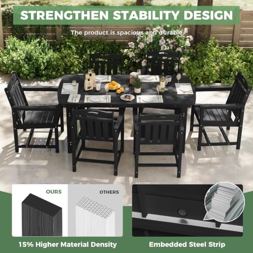 HDPE Outdoor Dining Set, Patio Table and 6 Chairs, 2" Umbrella Hole, Black