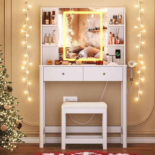 Vanity Desk with LED Mirror, 3 Lighting Modes and Chair | Small Makeup Vanity...