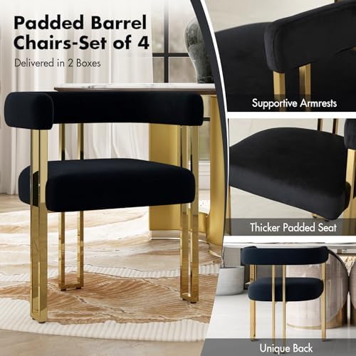 Hyfirm Set of 4 Black and Gold Modern Dining Chairs, Velvet Upholstered Barre...