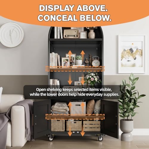 72.3" H Arched Bookshelf with Doors, Metal Arched Bookcase