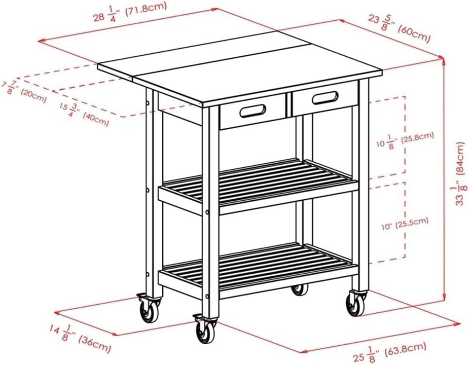BOWERY HILL Solid Wood Kitchen Cart, Walnut Finish, Drop Leaf Extension, 2 Slatted Shelves, Locking Casters, 28.27" W x 16.66" D x 33.07" H, Rustic Transitional Indoor Storage for Kitchen