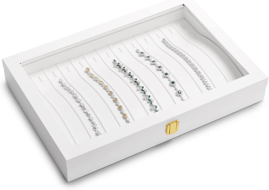 Oirlv White Leather Acrylic Lid Jewelry Necklace Organizer Box Necklace Bracelet Display Holder Case Drawer Insert Women Gift