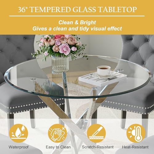 Round Glass Dining Table Set for 4, Modern 36 Inch Glass Kitchen Table with S...