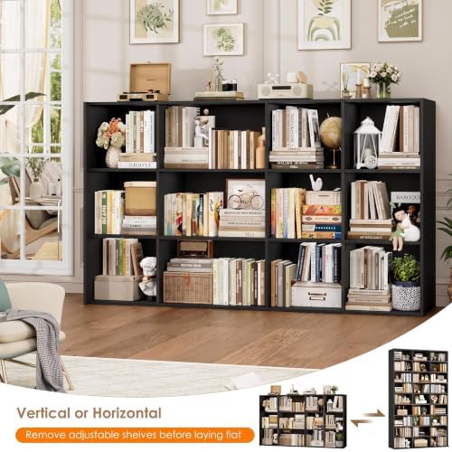 FOTOSOK 75'' H Black Bookshelf with 27 Cubes, Triple Wide Tall Bookcase
