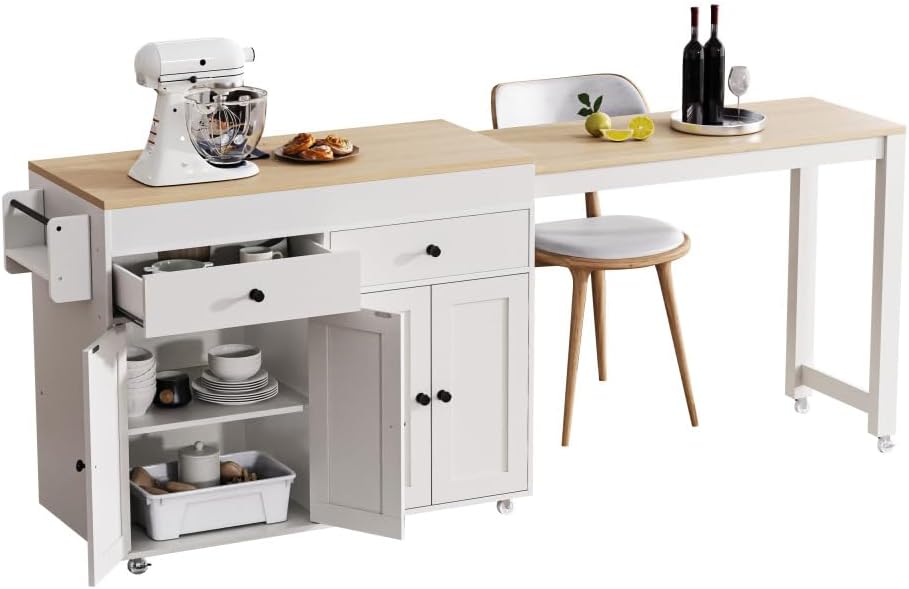 ZOEDO K&K 74.5 Inch Kitchen Island with Extendable Dining Table, Rolling ...