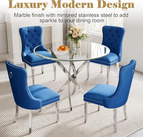 AF ARTISAN FURNITURE 36" Round Glass Dining Table Set for 2, 3-Piece Modern Kitchen Table with 2 Blue Velvet Chairs, Dining Room Table Set for Apartments Small Spaces (Silver Leg)