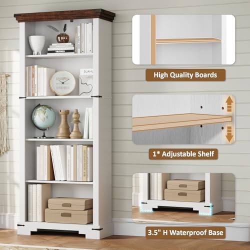 5-Tier Farmhouse Bookshelf, 61.1 inch Tall Bookcase with Storage & Unique...