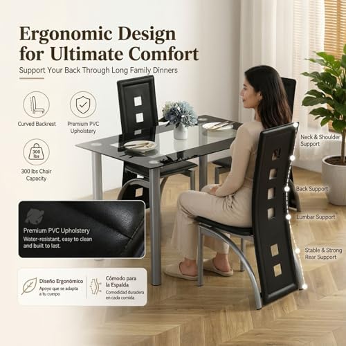 Karl home 5-Piece Dining Table Set, W/ 4 PVC Chairs & Glass Dining Table ...
