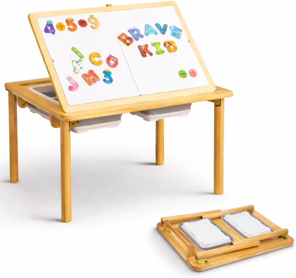 Montessori Sensory Table & Art Easel for Kids & Toddlers | Folding Extendable Legs & Storage Bins, Magnetic Boards & Tiles, Light Box Included | Space-Saving Indoor/Outdoor Play