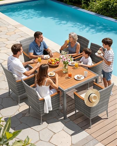 Flamaker Patio Dining Set for 6 Outdoor Acacia Wood Table and Chairs, Gray